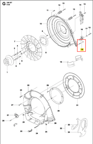 Śruba dmuchawy 356BTx Husqvarna, metalowa, o prostym kształcie, widoczna na schemacie części. Ułożona w poziomie, w otoczeniu innych elementów dmuchawy. Szczegóły mocowania oraz numer katalogowy są wyraźnie widoczne. Tło białe.