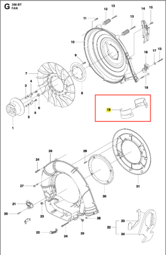 Pierścień samouszczelniający do dmuchawy Husqvarna 356BTx w kolorze czarnym. Element o brzegach owalnych, wykonany z tworzywa sztucznego. Widoczny z boku, w bliskim ujęciu, ukazuje szczegóły konstrukcji. Produkt umieszczony na białym tle.
