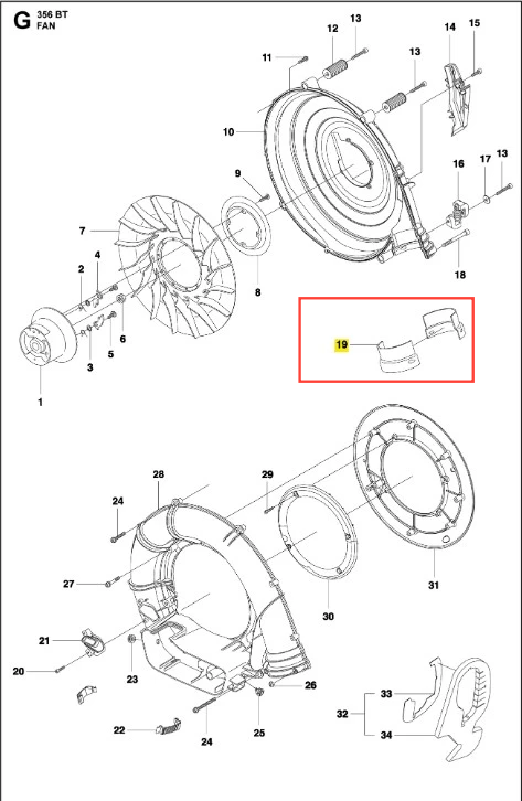 Pierścień samouszczelniający do dmuchawy Husqvarna 356BTx w kolorze czarnym. Element o brzegach owalnych, wykonany z tworzywa sztucznego. Widoczny z boku, w bliskim ujęciu, ukazuje szczegóły konstrukcji. Produkt umieszczony na białym tle.