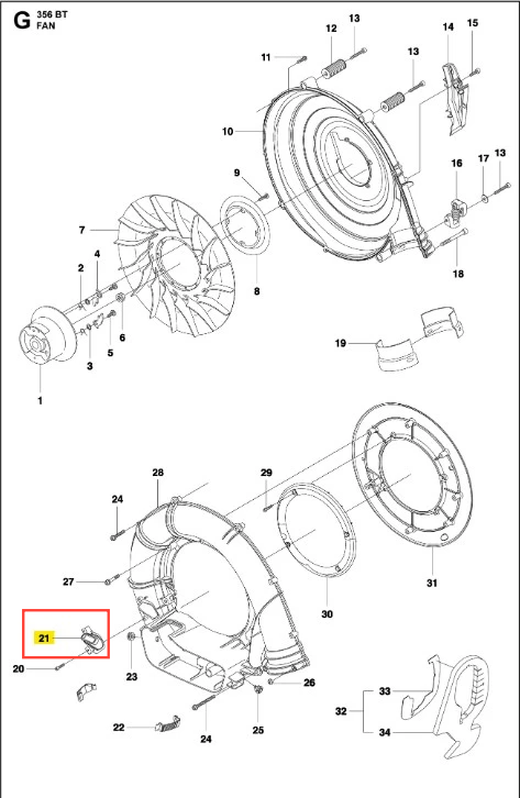 Metalowa dysza powietrzna do dmuchawy 356BTx Husqvarna, srebrna, z detalami mocowania i numerem części 21, na jasnym tle, nowa z precyzyjnym kształtem i wyraźnymi krawędziami.