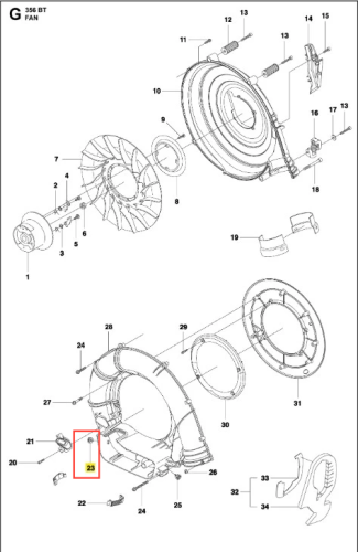 Pierścień uszczelniający dmuchawy 356BTx Husqvarna, elastyczny element o okrągłym kształcie, wykonany z czarnego materiału, umieszczony w złożonym układzie części. Prezentowany z boku, podkreślając jego znaczenie w mechanizmie urządzenia.