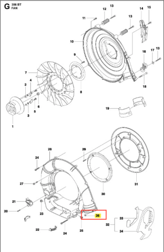 Nakrętka dmuchawy 356BTx Husqvarna, metalowa, ciemnoszara, cylindryczna z widocznymi oznaczeniami i szczegółami montażowymi, widok z góry, otoczona innymi częściami.