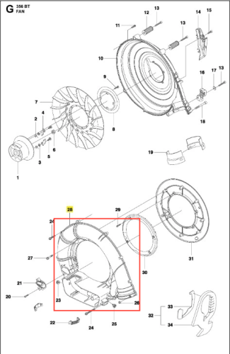 Czarna obudowa wentylatora dmuchawy Husqvarna 356BTx z tworzywa, z otworami i mocowaniami. Widać boczny profil, detale kształtu i strukturę oraz zarys logo i elementów montażowych.