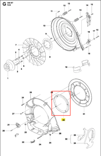 Kanał powietrzny dmuchawy Husqvarna 356BTx, szary, z oznaczonymi częściami. Widok z góry, poziomo, na białym tle z widocznymi detalami i otworami konstrukcyjnymi.
