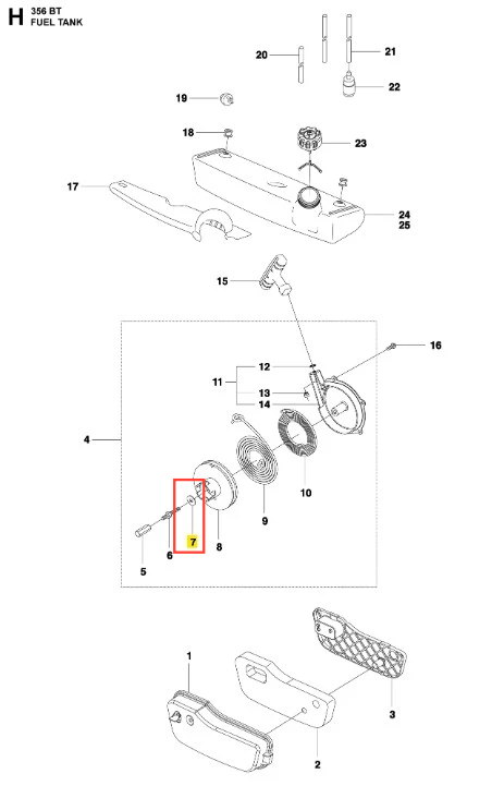 Podkładka dmuchawy 356BTx Husqvarna w formie części zamiennej, z detalami mocowania. Element w kolorze czarnym z metalowymi akcentami, widoczny z boku. W tle białe, proste otoczenie podkreślające szczegóły produktu.