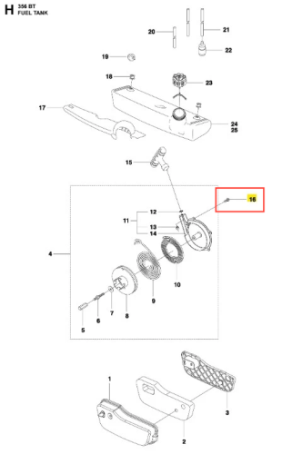 Śruba dmuchawy 356BTx Husqvarna, metalowa, o prostokątnym kształcie. Ujęcie z boku, eksponujące gwint i główkę. Produkt na białym tle, bez dodatkowych elementów. Widoczny detal układu mocowania w kontekście części do dmuchawy.
