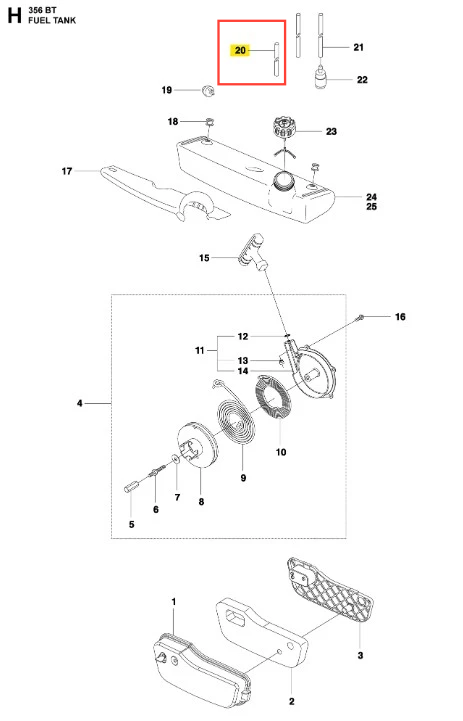 Przewód paliwowy do dmuchawy Husqvarna 356BTx, metalowy, prosty, o długości około 20 cm. Produkt ukazany w skomponowanym widoku, z widocznymi elementami montażowymi i otworami. Tło białe, co podkreśla szczegóły konstrukcji.