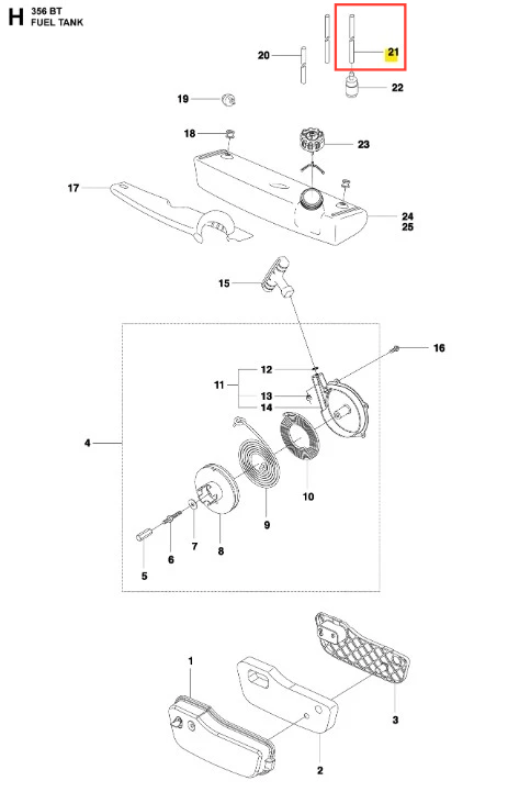 Przewód paliwowy do dmuchawy Husqvarna 356BTx, prosty, metalowy element, w kolorze srebrnym, o cylindrycznym kształcie. Ułożony poziomo, z widocznymi detalami mocowania. Element pochodzi z rysunku zestawienia części do naprawy.