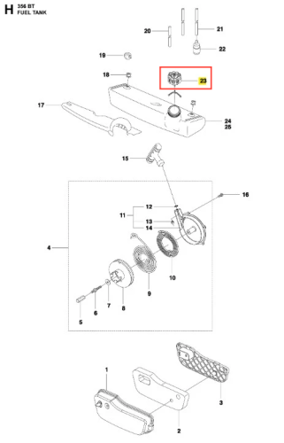 Korek zbiornika dmuchawy 356BTx Husqvarna, okrągły, w kolorze czarnym, z widocznym otworem i wyżłobieniami, umieszczony opodal zbiornika paliwa. Element mocujący do zbiornika, frontalne ujęcie, wyraźnie widoczny detal i kształt.