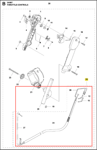 Przewody sterujące dmuchawy 360BT Husqvarna z czarną rękojeścią i metalowym haczykiem, widoczne z boku na białym tle, podkreślającym detale konstrukcji.