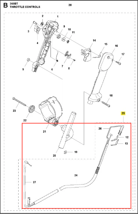Przewody sterujące dmuchawy 360BT Husqvarna z czarną rękojeścią i metalowym haczykiem, widoczne z boku na białym tle, podkreślającym detale konstrukcji.