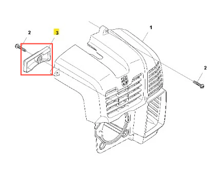 Osłona dmuchawy 360BT Husqvarna w kolorze szarym, z wyraźnymi paskami wentylacyjnymi, zamontowana bocznie. Widoczne mocowanie oraz otwór do śruby, z detalem na teksturze plastiku. Produkt prezentowany z boku na jasnym tle.