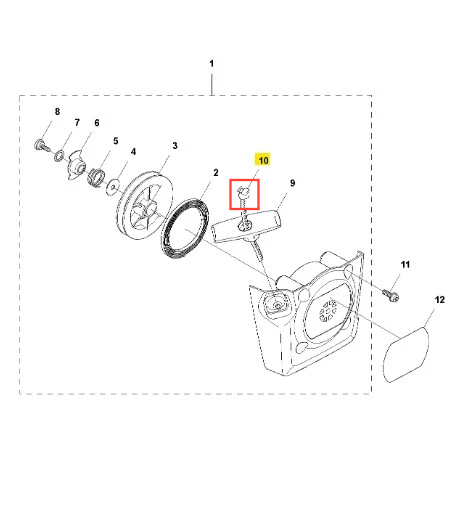 Linka dmuchawy Husqvarna 360BT z metalowym mechanizmem, kołem wentylacyjnym i montażowymi elementami na białym tle, ułatwiającym identyfikację części.