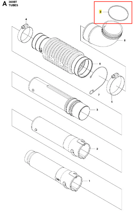 O-ring do dmuchawy 360BT Husqvarna, owalny, czarny elastomer, do uszczelniania, widoczny na białym tle, z detalem krawędziowym, do montażu w części urządzenia.