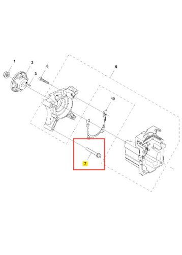 Śruba dmuchawy 360BT Husqvarna w zbliżeniu, metalowa, w kolorze stalowym, z widoczną główką i gwintem. Ułożona poziomo, pokazana w kontekście montażu w silniku. Widoczne oznaczenie numeru 7. Tło białe, proste.