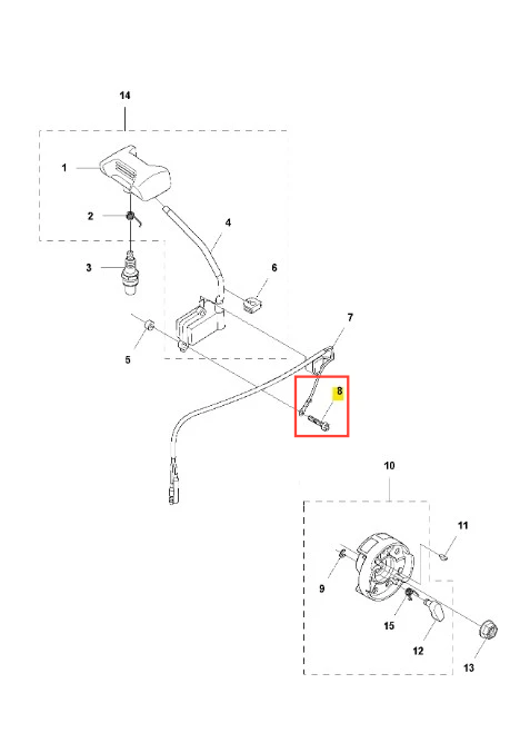 Śruba dmuchawy 360BT Husqvarna, metalowa, z widocznymi gwintami. Prezentowana w zbliżeniu, ukazująca szczegóły mocowania. Tło proste, a produkt leżący na płaskiej powierzchni. Oznaczenia na śrubie czytelne.
