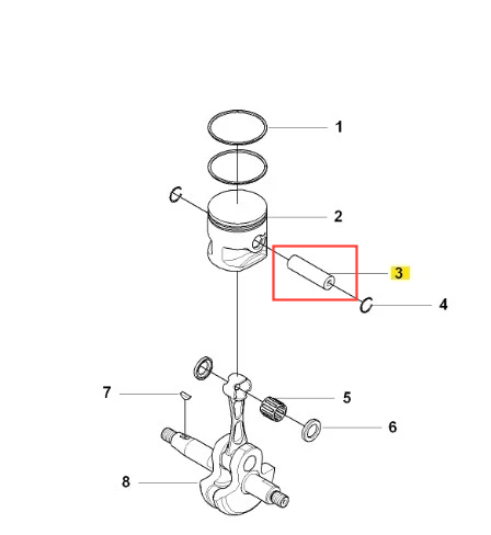 Sworzeń tłokowy dmuchawy 380BFS Husqvarna, metalowy pręt cylindryczny, centralnie umieszczony i oznaczony na diagramie czerwonym prostokątem, pełni funkcję mocowania w mechanizmie.
