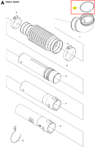 O-ring do dmuchawy 380BFS Husqvarna w kolorze przezroczystym, okrągły, widoczny w detalach konstrukcji, umieszczony w górnej części schematu. Element zamontowany, w formie uszczelki, zapewniający szczelność połączeń.