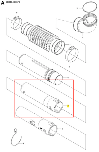 Rura dmuchawy 380BFS Husqvarna w formie cylindrycznej, wykonana z tworzywa sztucznego. Widok z boku, z widocznym otworem montażowym oraz guzikami na jednym z boków. Produkt leży poziomo na tle schematu. Brak dodatkowych elementów.