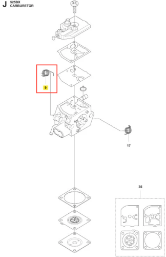Sprężyna dmuchawy 525BX Husqvarna, metalowa, o spiralnym kształcie, podkreślająca swoją funkcjonalność. Widoczna z boku, na schemacie, z numerem 9 w ramce. Produkt elementu, prezentowanego w kontekście rozkładu części gaźnika.
