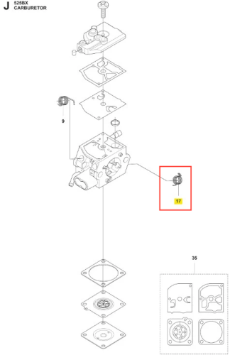 Sprężyna dmuchawy 525BX Husqvarna, w kolorze stalowym, o cylindrycznym kształcie. Widok z boku, zamontowana w karburatorze. Element o średnicy około 1 cm, elastyczny, z wyraźnymi spiralnymi nawinięciami. Bez dodatkowych napisów lub oznaczeń.