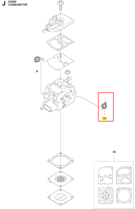 Sprężyna dmuchawy 525BX Husqvarna o cylindrycznym kształcie, wykonana z metalu, widoczna w szczegółowym schemacie płynów. Zawiera jedno wyraźne, spiralne zwoje. Element umieszczony w układzie gaźnika, z oznaczeniem numeru 17.