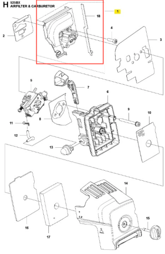 Izolator dmuchawy 525BX Husqvarna, czarny, prostokątny z otworem na wlot powietrza, z widocznym logo i elementami montażowymi na białym tle.