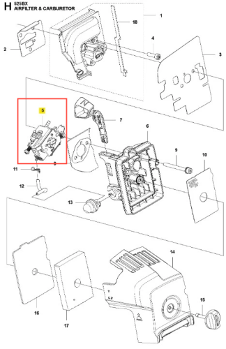 Gaźnik dmuchawy 525BX Husqvarna z boku, części kompozytowe, widoczne przyłącza paliwowe, logo Husqvarna i elementy mocujące na jednolitym tle. Idealny do napraw i konserwacji sprzętu ogrodowego.