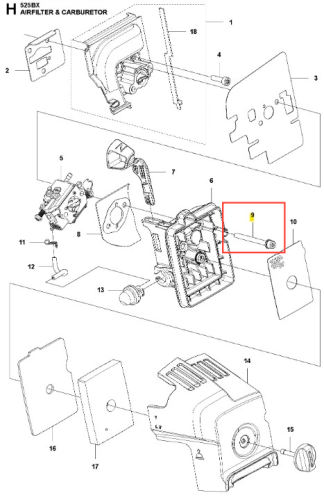 Śruba dmuchawy 525BX Husqvarna o cylindrycznym kształcie w kolorze srebrnym, wykonana z metalu, z widocznym gwintem. Produkt umieszczony w perspektywie frontalnej, w kontekście elementów silnika. Zestaw zawiera także inne części do dmuchawy.