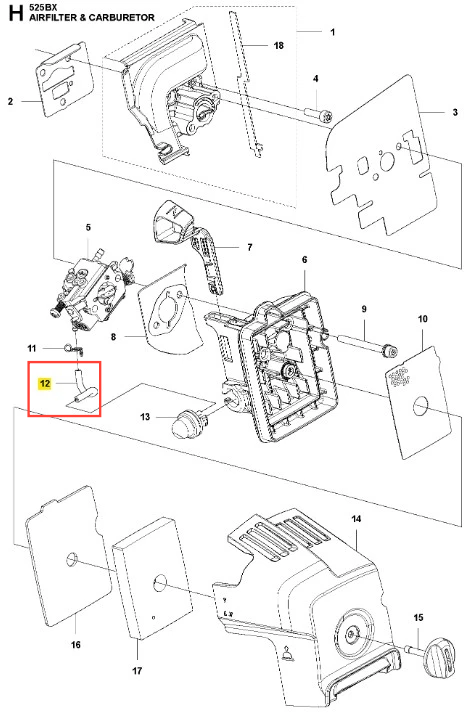 Przewód paliwowy dmuchawy 525BX Husqvarna w kolorze czarnym, elastyczny, z widocznymi mocowaniami na jednym końcu. Przedmiot leży na białym tle, w zbliżeniu na detale konstrukcyjne. Tylna strona gładka, z dołkiem w dolnej części.