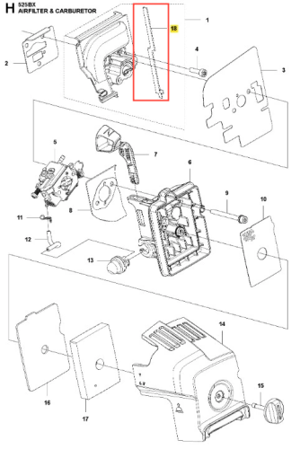 Akrusz izolacyjny dmuchawy 525BX Husqvarna w kolorze czarnym, prostokątny kształt, wykonany z tworzywa sztucznego. Ujęcie z boku, element leżący na białym tle. Widoczne otwory montażowe oraz instrukcje użytkowania na powierzchni.