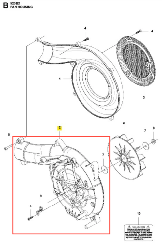 Kierownica spiralna dmuchawy 525BX Husqvarna, widok z boku. Kolor czarny z szarymi elementami, widoczne gwinty mocowania i detal wlotu powietrza. Kształt aerodynamiczny, solidna konstrukcja. W tle proste, białe tło dla lepszej widoczności.