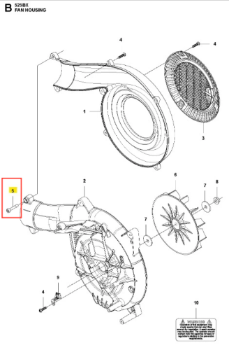 Śruba dmuchawy 525BX Husqvarna, metalowa, o cylindrycznym kształcie, umieszczona w lewym dolnym rogu. Widoczny gwint, co wskazuje na przeznaczenie do mocowania. Zbliżenie na detal, bez dodatkowych etykiet czy znaków.