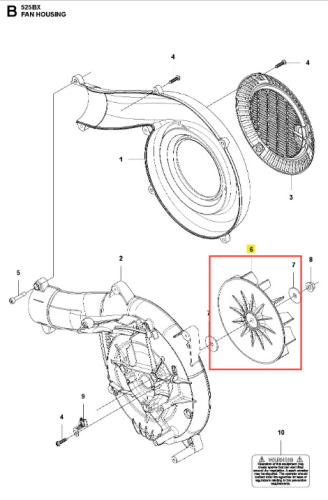 Wentylator dmuchawy Husqvarna 525BX, widok z boku; ukazuje obudowę, wirnik z sześcioma łopatkami, złożony z plastikowych elementów w kolorze szarym; elementy mocujące oraz szczegóły konstrukcyjne są widoczne. Tło proste, techniczne.