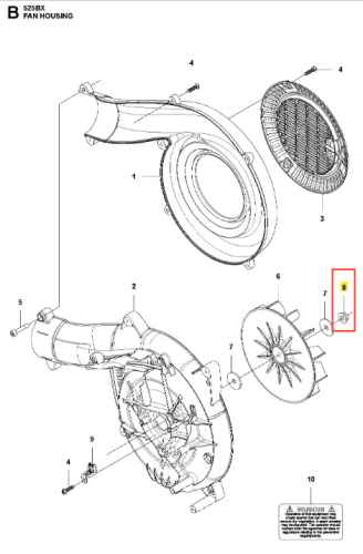Nakrętka dmuchawy 525BX Husqvarna, metalowa, okrągła, srebrna, z wyraźnym gwintem. Widoczna z boku w kontekście montażu, w otoczeniu innych elementów wentylatora. Detal z oznaczeniem numeru 8, bez dodatkowych zdobień.