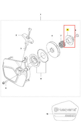 Krzywka dmuchawy 525BX Husqvarna, biała, z okrągłym kształtem, widoczna detalicznie w widoku eksplodowanym. Element umieszczony na tle z prostymi liniami, zaznaczony na czerwono. Obok widoczne inne części dmuchawy.