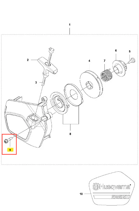 Śruba dmuchawy Husqvarna 525BX w kolorze metalicznym, z widocznym gwintem. Produkt ukazany z boku jako fragment zestawu, w pobliżu innych części, na białym tle. Detale obejmują czytelny numer katalogowy.