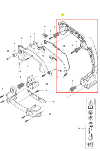 Zespół części uchwytu dmuchawy Husqvarna 525BX, widoczny z góry, przedstawia metalowe elementy w matowej szarości. Uchwyt z ergonomicznym kształtem, z widocznymi mocowaniami. W tle schemat części opcjonalnych, na jasnym tle.
