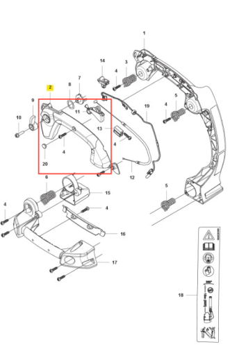 Uchwyt dmuchawy 525BX Husqvarna w kształcie lekko zakrzywionym, wykonany z tworzywa sztucznego. Kolor czarny z szarymi detalami. Widać miejsce mocowania oraz elementy łączące. Produkt prezentowany z boku w ułożeniu poziomym, na białym tle.