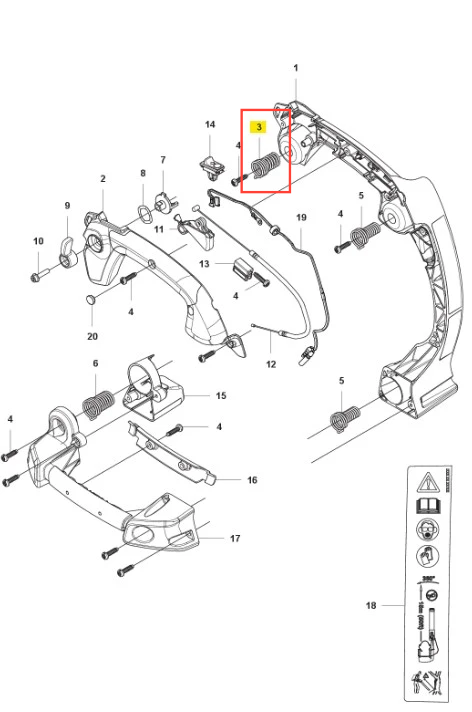 Sprężyna dmuchawy 525BX Husqvarna, metalowa, cylindryczna, o wyraźnym kształcie, umiejscowiona w schemacie montażowym. Widoczne mocowania oraz elementy konstrukcyjne produktu. Ujęcie frontalne, na jednolitym tle, pokazujące detale techniczne.