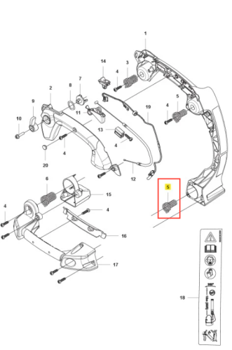 Sprężyna dmuchawy 525BX Husqvarna to metalowy, cylindryczny element o spłaszczonych końcach. Widoczna na schemacie centralnie, zaznaczona okręgiem, w widoku frontalnym.