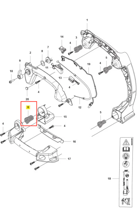 Sprężyna dmuchawy 525BX Husqvarna, na zewnątrz i od dołu, ukazana w detalu jako element mechanizmu. Widoczny cylindryczny kształt, metaliczna faktura. Umieszczona w obrysie głównego elementu, ma istotne zastosowanie w mechanice urządzenia.