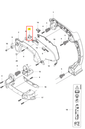 Zapadka dmuchawy 525BX Husqvarna, metalowa, okrągła, oznaczona numerem 7. Widoczna w złożonym układzie części dmuchawy, w kolorze szarym. Otoczona innymi elementami konstrukcyjnymi, z wyraźnymi liniami i krawędziami. Tło proste, techniczne.