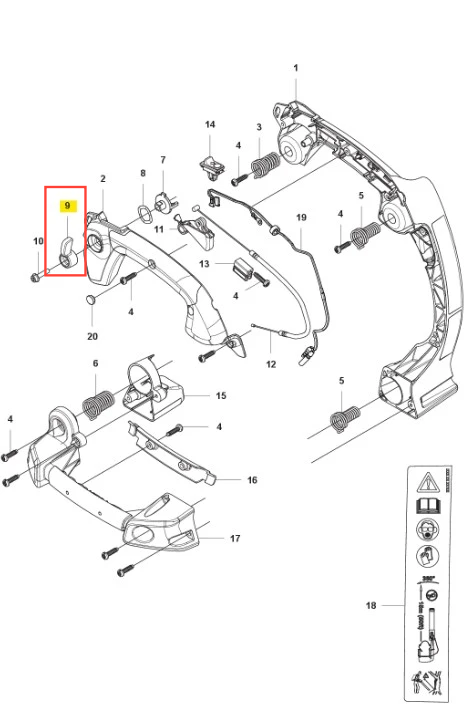 Dźwignia sterowania dmuchawy 525BX Husqvarna, szara, o ergonomicznym kształcie. Widoczne mocowanie i szczegóły konstrukcyjne. Ujęcie z boku, ukazujące elementy montażowe. Idealna do precyzyjnego sterowania urządzeniem. Bez tła.