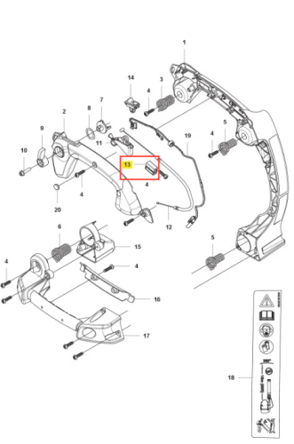 Regulator dmuchawy 525BX Husqvarna, czarny prostokątny detal z tworzywa, oznaczony numerem 13, z prostym mocowaniem, do systemów wentylacyjnych, na jasnym tle ułatwiającym identyfikację.