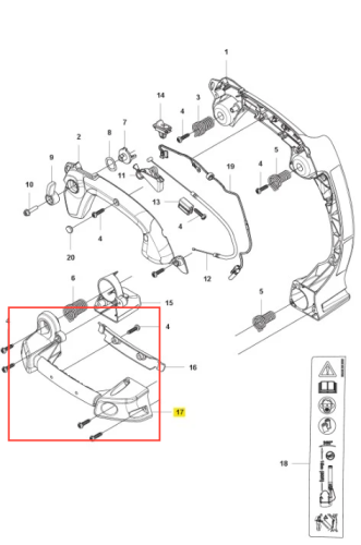 Wspornik uchwytu dmuchawy 525BX Husqvarna w kolorze czarnym, wykonany z tworzywa sztucznego. Złożony, widoczny pod kątem, z detalami mocowania. Elementy montażowe oraz numery identyfikacyjne. Produkt w kontekście schematu poglądowego.