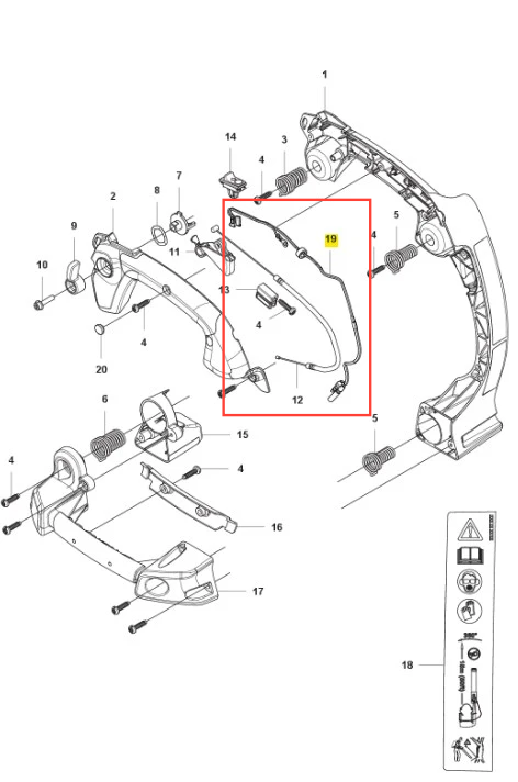 Linka dmuchawy 525BX Husqvarna, czarna, elastyczna, z mocowaniami. Przedstawiona poziomo z boku na tle, z końcówkami mocującymi i oznaczeniem numer 19.