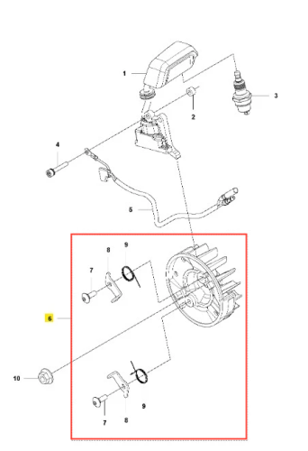 Zespół koła zamachowego dmuchawy 525BX Husqvarna, widok z góry, pokazujący obudowę w kształcie okręgu z wieloma żeberkami. W zestawie widoczne mocowania, dźwignie oraz elementy montażowe. Tło białe, detale techniczne czytelne.
