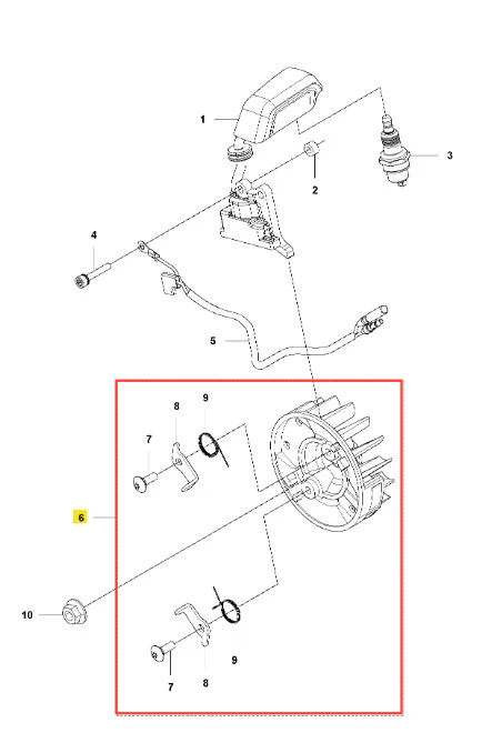 Zespół koła zamachowego dmuchawy 525BX Husqvarna, widok z góry, pokazujący obudowę w kształcie okręgu z wieloma żeberkami. W zestawie widoczne mocowania, dźwignie oraz elementy montażowe. Tło białe, detale techniczne czytelne.