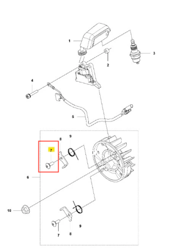 Śruba dmuchawy 525BX Husqvarna, metalowa, o cylindrycznym kształcie, z widocznością gwintu. Ujęcie z boku, ukazuje szczegóły mocowania. Element umieszczony na schemacie części, otoczony innymi komponentami, na białym tle.
